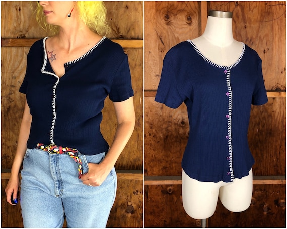 Vintage 90s NOS Navy Blue Filati Ribbed Top with … - image 1