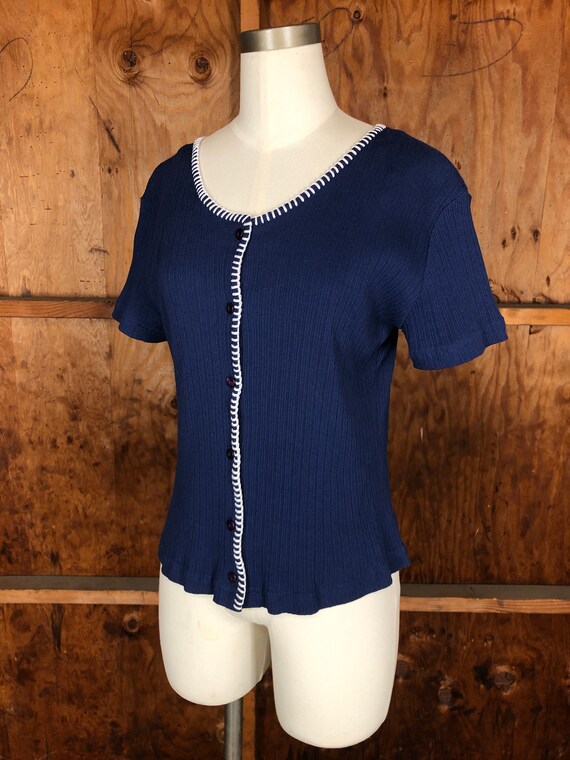 Vintage 90s NOS Navy Blue Filati Ribbed Top with … - image 3