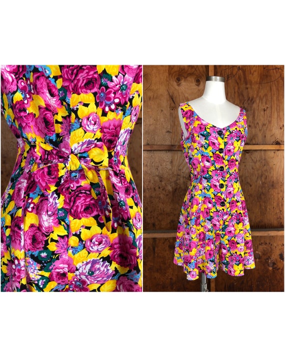 Vintage 90s Bright Pink & Yellow Floral Flowy Shor