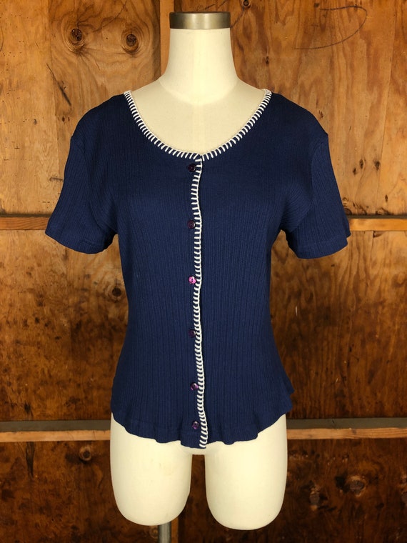 Vintage 90s NOS Navy Blue Filati Ribbed Top with … - image 2