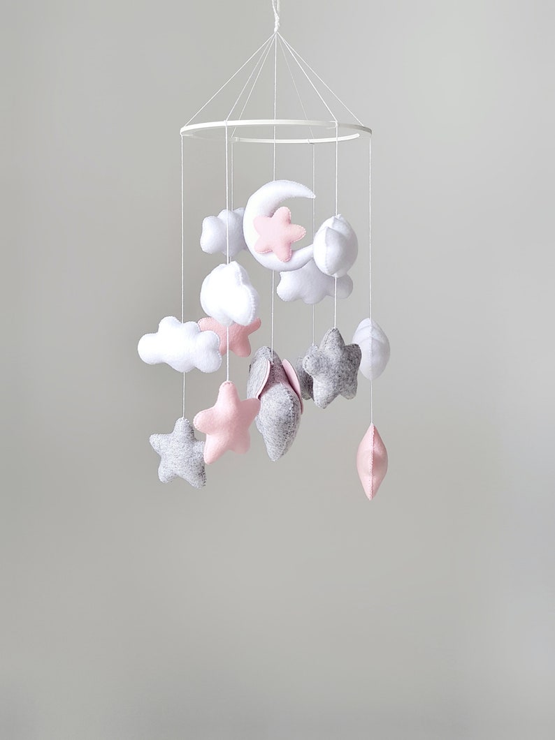Clouds stars girly crib mobile / Grey blush pink crib mobile / Etsy