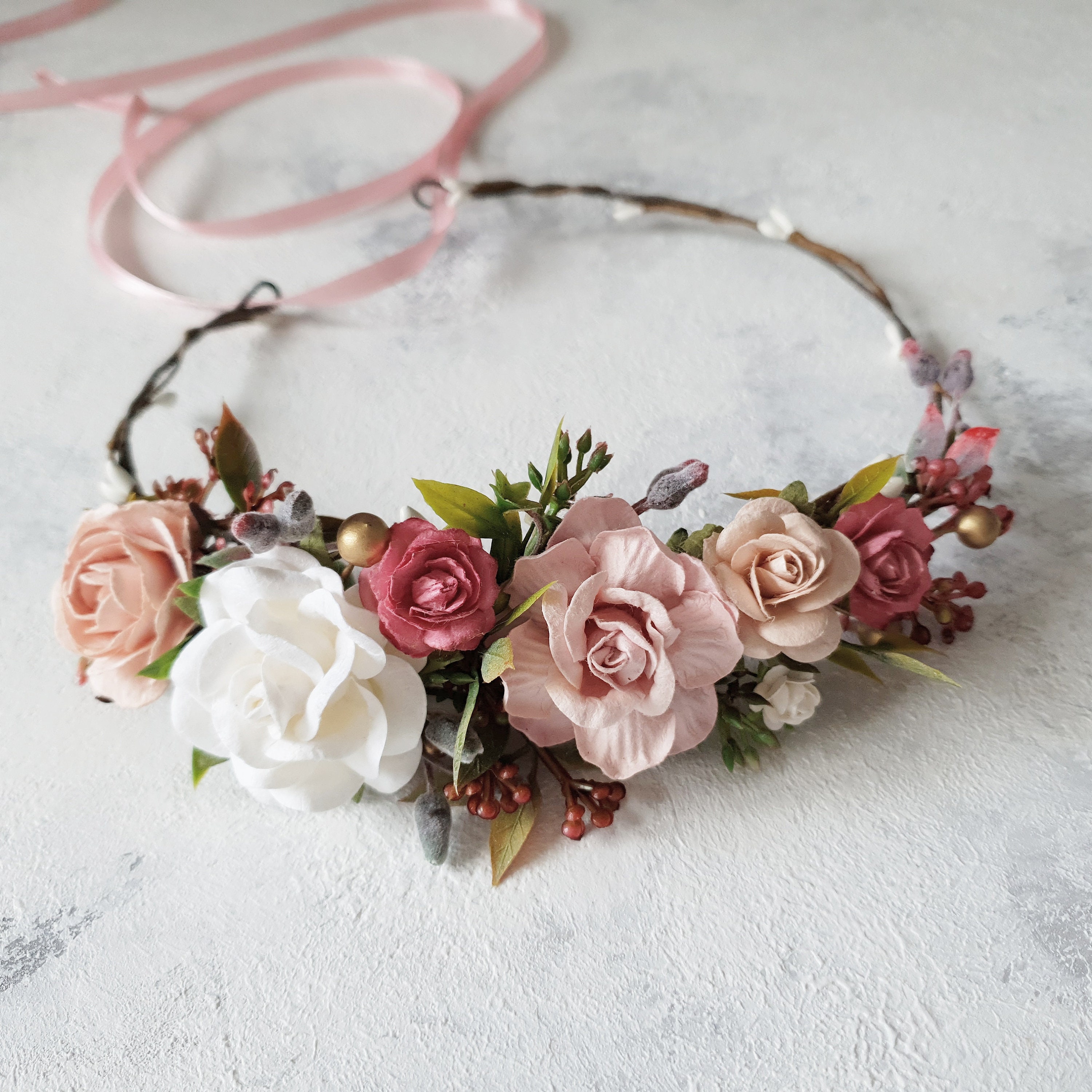 Blush pink dusty gold flower crown Bridal dusty flower crown Etsy