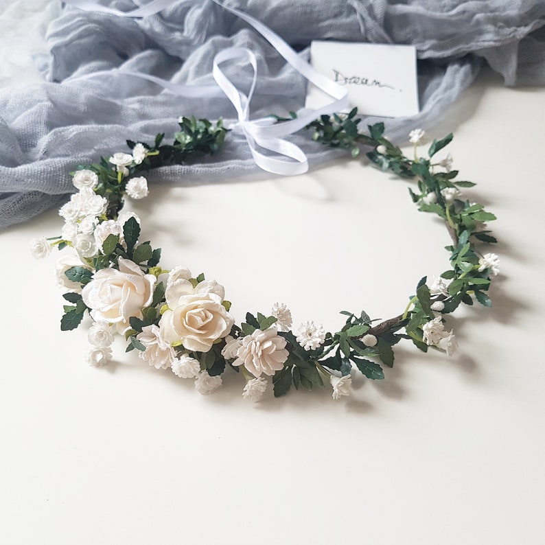 Deep Green Bridal Flower Crown Bridal White Flower Crown Etsy