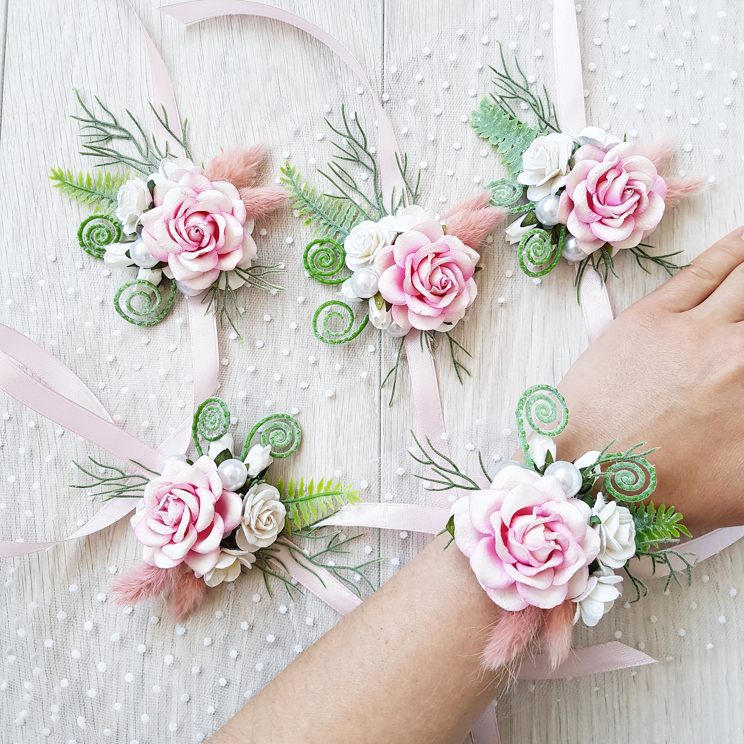 Pink wrist corsage Pink greenery wrist corsage Bridal rose Etsy