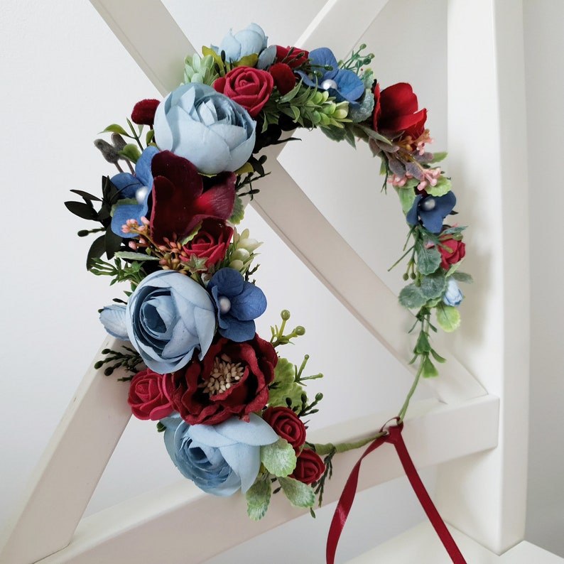 Burgundy dusty blue flower crown Dusty blue flower crown Etsy