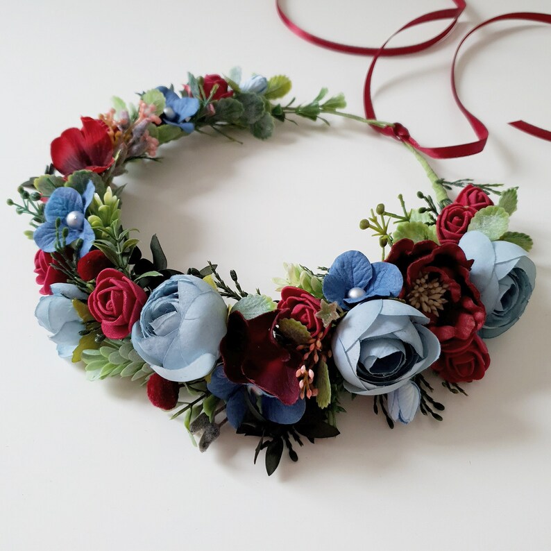 Burgundy dusty blue flower crown Dusty blue flower crown Etsy