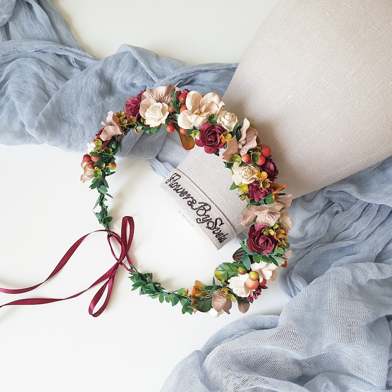 Beige Burgundy Flower crown Fall beige burgundy flower crown Beige burgundy headpiece Fall beige burgundy wedding crown Burgundy headpiece