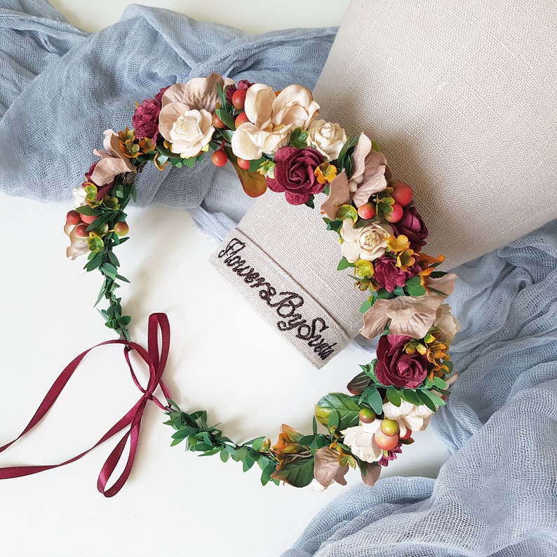 Beige Burgundy Flower crown Fall beige burgundy flower crown Beige burgundy headpiece Fall beige burgundy wedding crown Burgundy headpiece