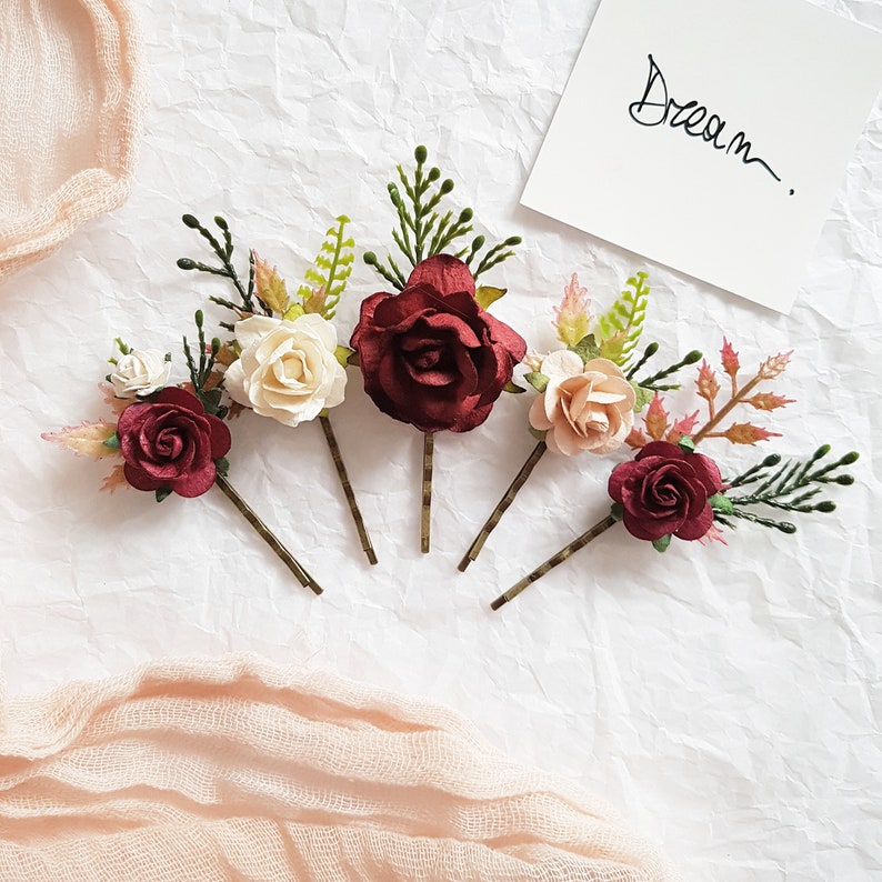 Hair pins flower Burgundy Bridal flower hairpiece Hair pins Etsy