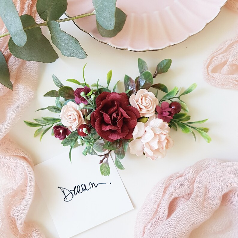 Hair pins flower Burgundy Bridal flower hairpiece Hair pins Etsy