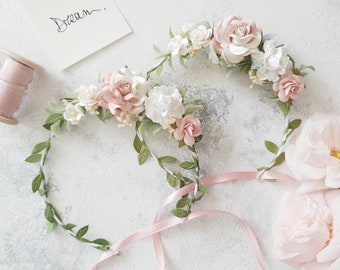 Pastel color flower headpiece Soft pink crown Blush white wedding crown Blush white flower halo Delicate blush baby crown