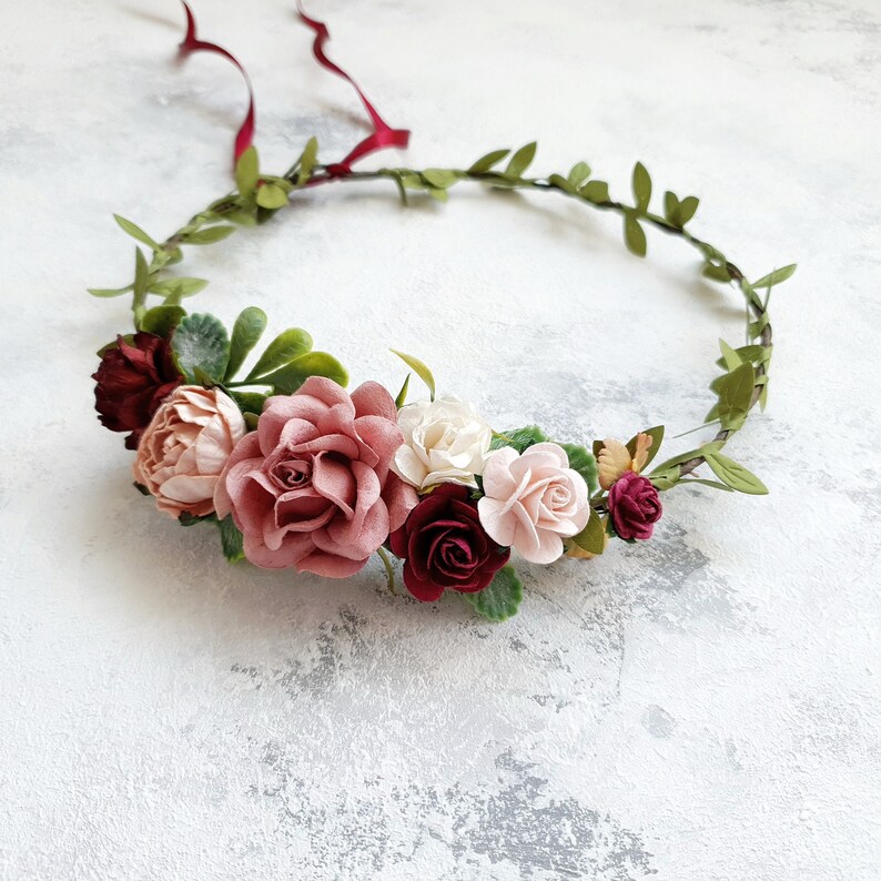 Burgundy dusty rose flower crown Burgundy dusty rose flower Etsy