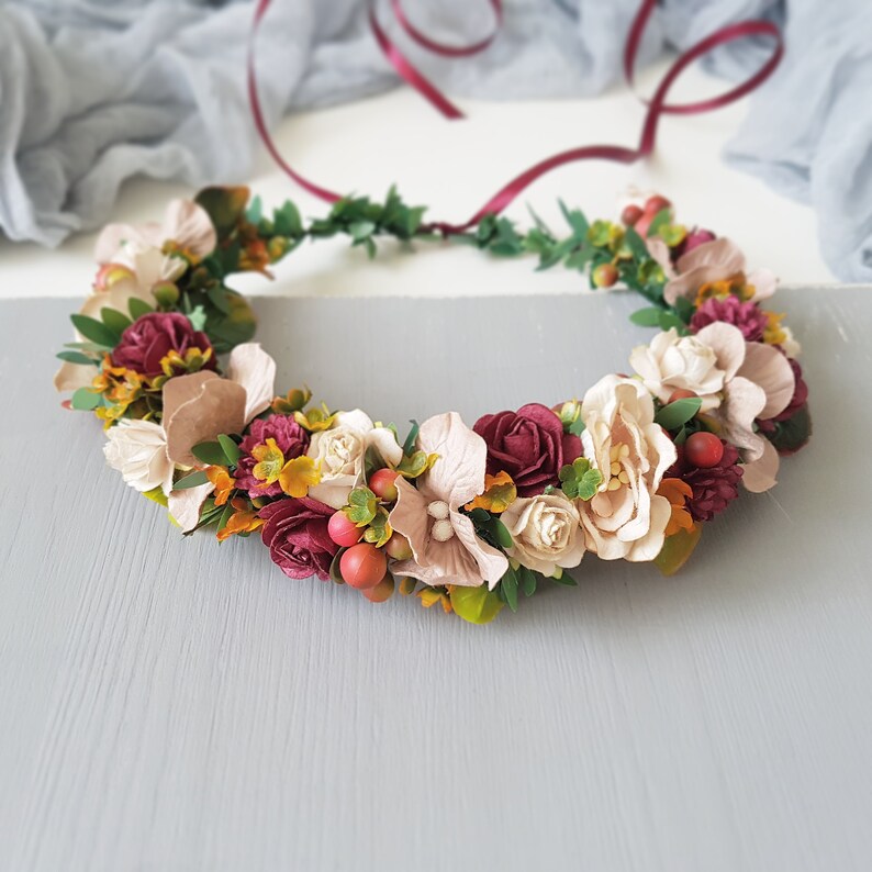 Beige Burgundy Flower crown Fall beige burgundy flower crown Beige burgundy headpiece Fall beige burgundy wedding crown Burgundy headpiece