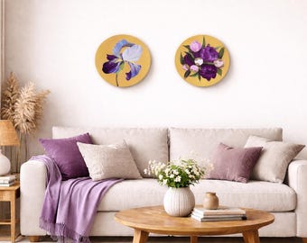Original set med 2 akrylmålningar med pion och iris, rund blommig väggkonst, blommålning, samtida impressionist, botanisk heminredning