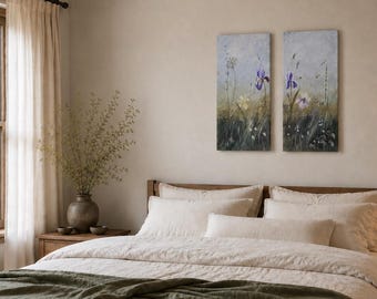 Wildflower Meadow Diptych Original Acrylic Painting Purple Iris Floral Wall Art Botanical Canvas Set 24" x 12"