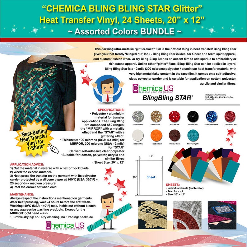 Assorted Colors Starter Bundle ***Free Shipping*** 24 Sheets CHEMICA BLING BLING Star Glitter Heat Transfer Vinyl 20 x 12