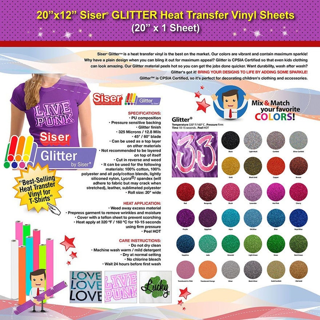 Siser Glitter Heat Transfer Vinyl 20 x 12 Sheet (Purple)
