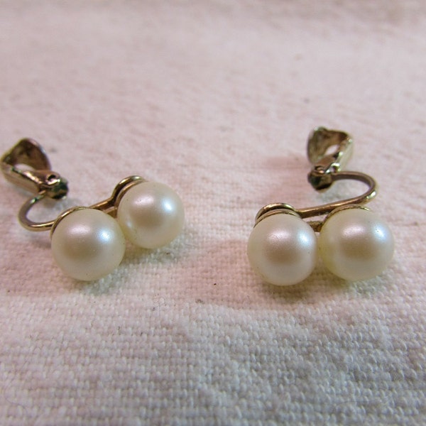 Double Pearl Gold Tone Clip-On Earrings