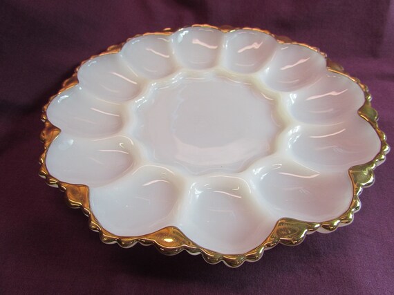 Fire King White Milk Glass Deviled Egg Dish With Gold Trim