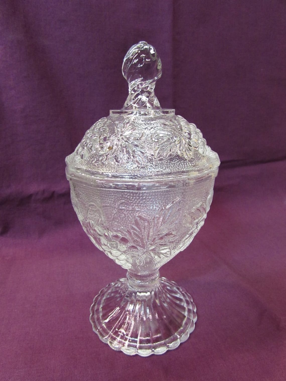 Clear Glass Footed Candy Dish With Lid Grape Design Etsy