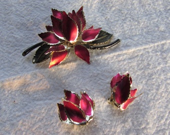 Red and Gold Tone Clip-On Earrings and Brooch