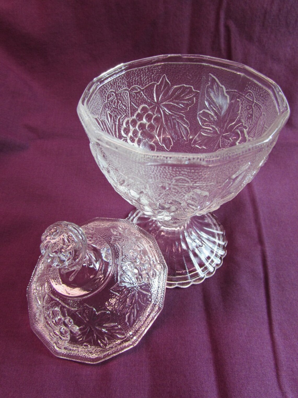 Clear Glass Footed Candy Dish With Lid Grape Design Etsy
