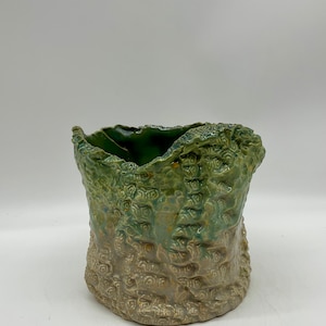 Könnte beinhalten: Eine handgefertigte Keramikvase mit einem strukturierten, organischen Design. Die Vase hat einen Farbverlauf, der von einem hellen Beige am Boden zu Grüntönen am oberen Rand übergeht. Der Rand hat eine einzigartige, unebene Form.