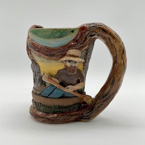 Artist hand built Stoneware Alligator Hunter Swamp Series Mug Louisiana
