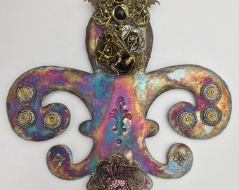 Original Mardi Gras MisChief Masquerade Raku Fleur de Lis  by Connie Born & KLH Pottery