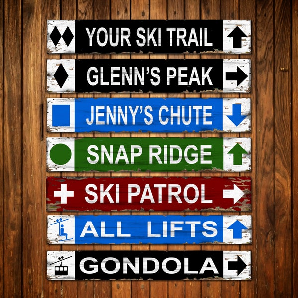 Ski Trail Signs Custom Handmade, rustic wooden hanging wall decor sign, ski patrol gondola lifts, great skier sports gift for him or her.