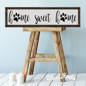 Paw Prints sign Home Sweet Home, dog cat pet lovers framed horizontal wall hanging, kennel decor, pet owners gift, present for her or him.