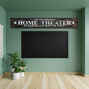Custom Home Theater personalized family last name rustic wooden framed sign, Click for details!