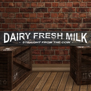 Large Dairy Fresh Milk sign for farmhouse home or business decor, rustic wood painted dairy cow cattle farm kitchen sign can be personalized