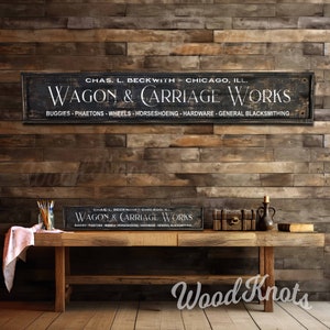 Rustic Wagon & Carriage Works Sign, Real wood framed decor with an old vintage style western look.  Personalized for you. Great gift item.