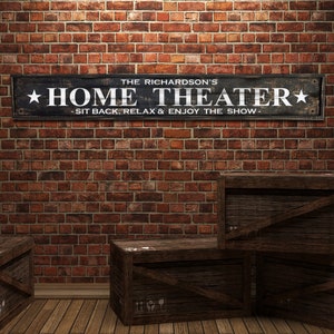 Custom Home Theater personalized family last name rustic wooden framed sign, Click for details!