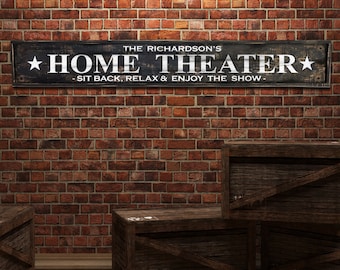 Custom Home Theater personalized family last name rustic wooden framed sign, Click for details!