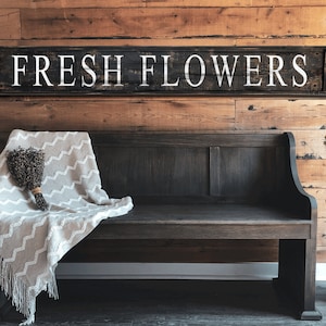 Fresh Flowers rustic farmhouse style sign, Framed handmade distressed wooden home decor kitchen dining room signage Click for details!