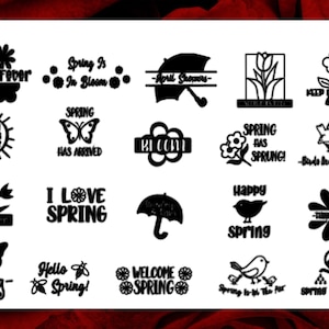Puede incluir: Un conjunto de 20 archivos SVG de diseño gráfico con temática primaveral en blanco y negro. Los diseños incluyen texto como "Spring Fever", "Spring Has Arrived", "Welcome Spring" y "Happy Spring". Los diseños también incluyen imágenes de mariposas, flores, pájaros y paraguas.