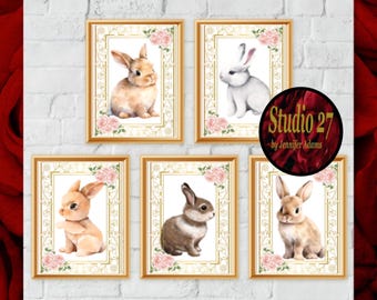 Spring Bunnies Art  Poster Collection  JPG/PNG - Digital Download - Bunny Rabbit, Pink Rose, Gold Frame