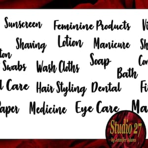 May include: A white sheet of paper with black text listing various bathroom and personal care items, such as towels, sunscreen, feminine products, vitamins, cotton balls, wash cloths, soap, bath, facial care, hair styling, dental, first aid, toilet paper, medicine, eye care, and makeup. The text at the bottom of the sheet reads "Studio 27 by Jennifer Adams."