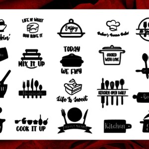 Könnte beinhalten: Schwarz-weiße SVG-Schnittdateien zum Thema Küche. Die Designs beinhalten Texte wie "Get Cookin'," "Life is What You Bake It," "Mix It Up," "Today We Fry," "Cooked With Love," "Homemade," "Life is Sweet," "Kitchen Open Daily," "Let's Cook!" und "Cook It Up."