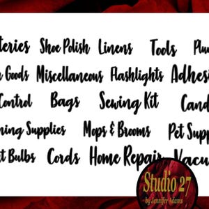 May include: A white background with black text listing various household items, such as batteries, shoe polish, linens, tools, plunger, paper goods, miscellaneous, flashlights, adhesives, pest control, bags, sewing kit, candles, cleaning supplies, mops & brooms, pet supplies, light bulbs, cords, home repair, and vacuum. The text "Studio 27 by Jennifer Adams" is at the bottom of the image.