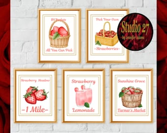 Strawberry Art  Poster Collection  JPG/PNG/PDF (Digital Download) Still Life, Farmers Market - Kitchen Pantry Farmhouse Decor
