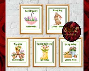 Spring Fun Art  Poster Collection  JPG/PNG/PDF - Digital Download - Bunny Hop, Garden Week, Puddle Walk, Rainboots, Garden Tours