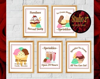 Ice Cream Art  Poster Collection  JPG/PNG/PDF - Digital Download - Kitchen Pantry Dining Room Decor