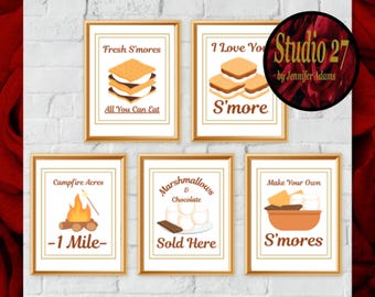 S'mores Art  Poster Collection  JPG/PNG/PDF (Digital Download) Chocolate, Marshmallow, Campfire - Kitchen Pantry Farmhouse Decor