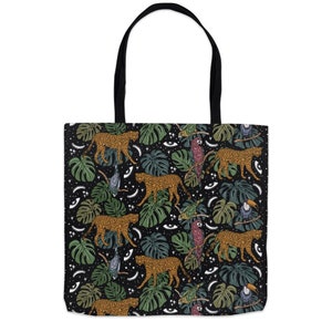 Cheetah Monstera Jungle Pattern Tote Bag, cheetah pattern pattern Grocery Bag, cheetah Tote Bag, 18x18 16x16 13x13 Tote Bag black handle