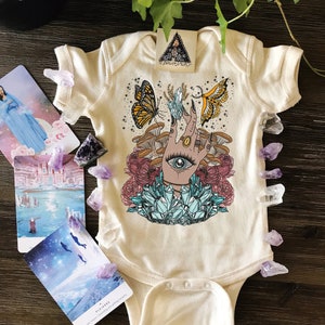 Crystal butterfly bodysuit, crystals witchy hand mushrooms bodysuit, crystal baby, mystical Moon Child Bodysuit, witchy baby bodysuit