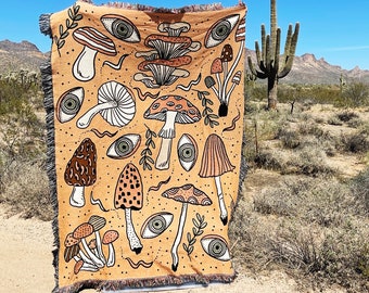 Retro Mushrooms fungi Woven Throw Blanket, Psychedelic mushroom fungi Woven Throw, fungi Large Throw Blanket, Tapestry throw blanket