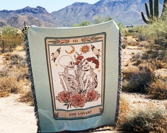 The Lovers Tarot Card Woven Throw Blanket, Skeleton Tarot Blanket Woven Throw, Tarot theme Large Throw Blanket, Tapestry throw blanket